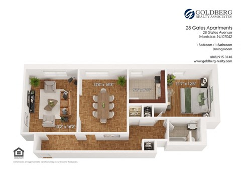 Floor plan for 1 bed, 1 bath, 820 sqft