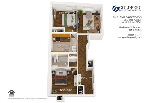 Floor plan for 2 beds, 1 bath, 1045 sqft