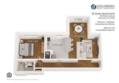 Floor plan for 1 bed, 1 bath, 855 sqft