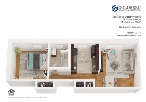 Floor plan for 1 bed, 1 bath, 615 sqft