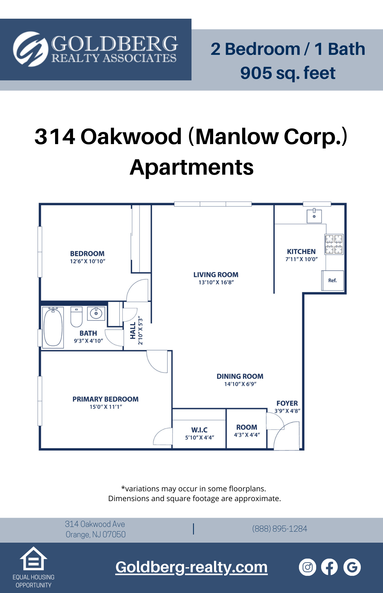 Floor plan for 2 beds, 1 bath, 905 sqft