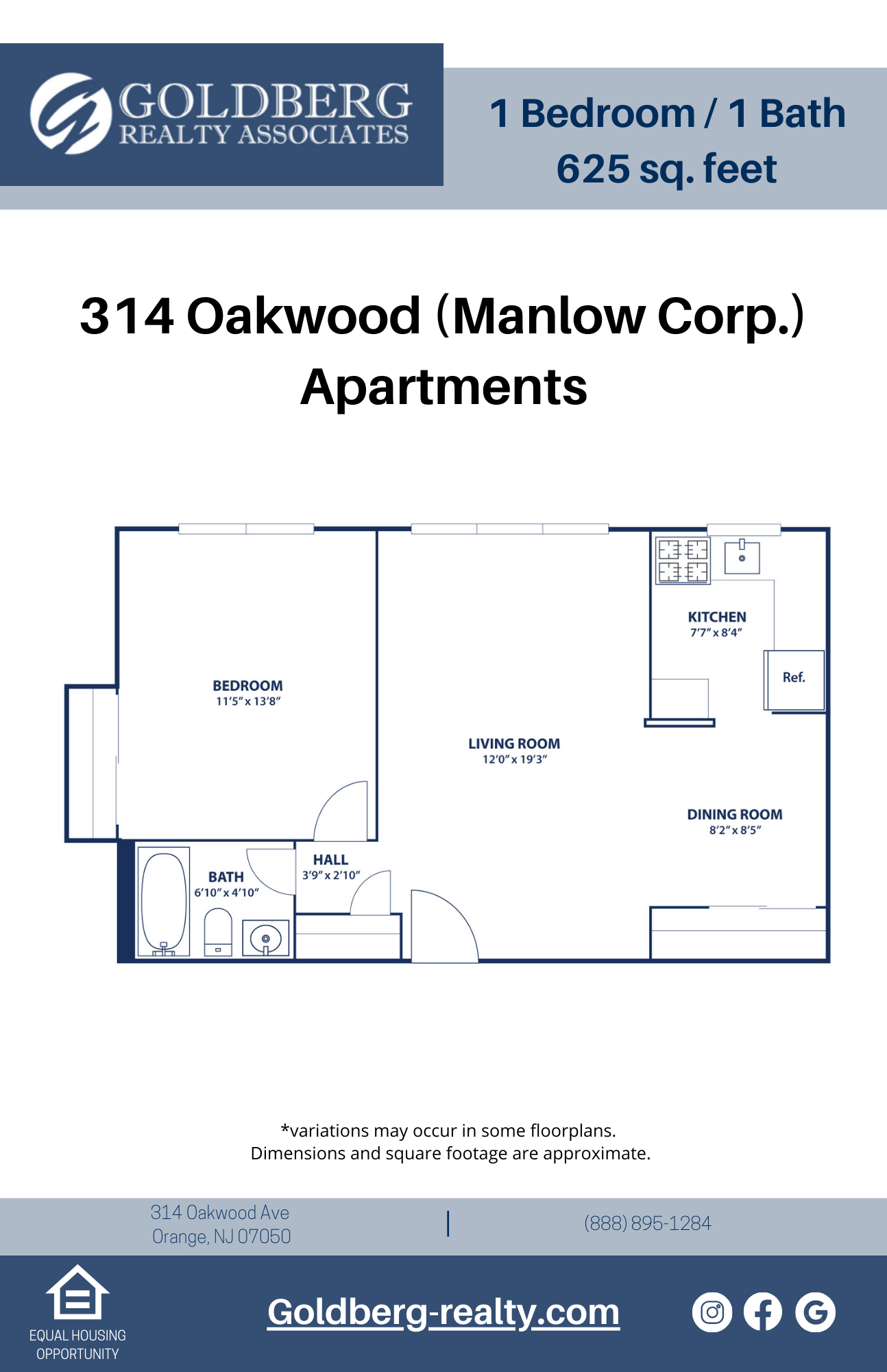 Floor plan for 1 bed, 1 bath, 625 sqft