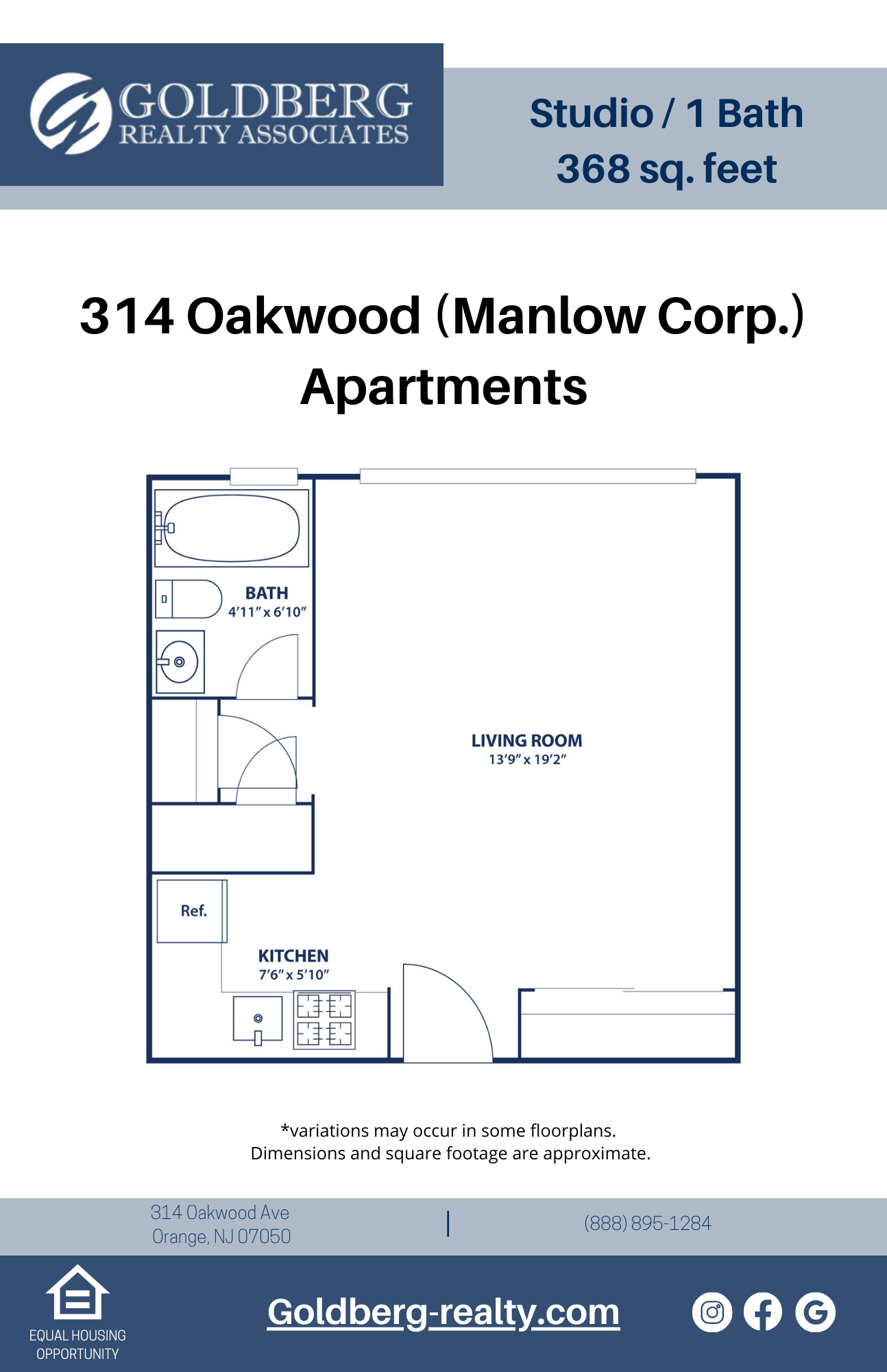 Floor plan for studio, 1 bath, 368 sqft