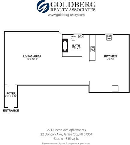 Floor plan for studio, 1 bath, 335 sqft