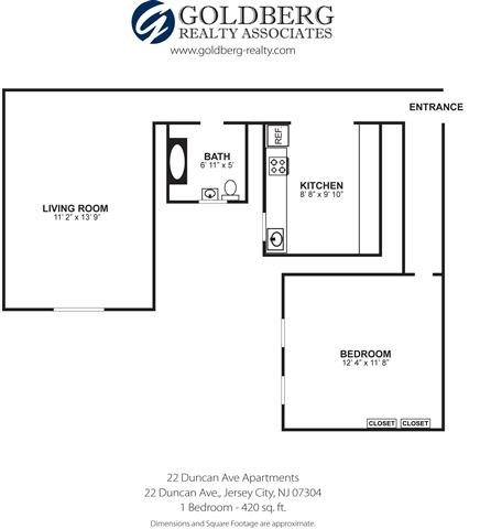 Floor plan for 1 bed, 1 bath, 420 sqft
