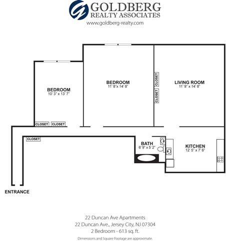 Floor plan for 2 beds, 1 bath, 613 sqft
