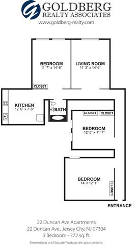 Floor plan for 3 beds, 1 bath, 772 sqft