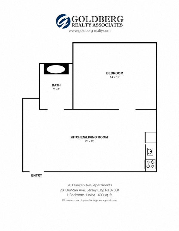 Floor plan for 1 bed, 1 bath, 400 sqft