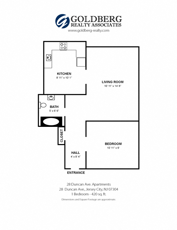 Floor plan for 1 bed, 1 bath, 420 sqft