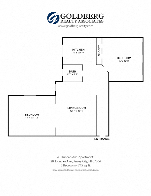 Floor plan for 2 beds, 1 bath, 745 sqft
