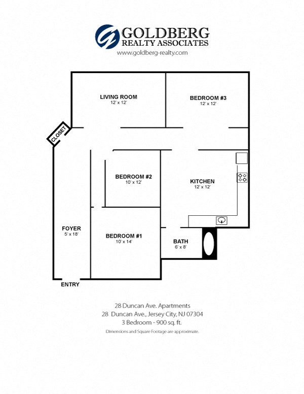 Floor plan for 3 beds, 1 bath, 900 sqft