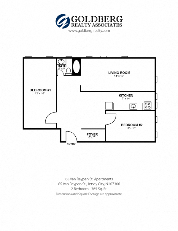 Floor plan for 2 beds, 1 bath, 765 sqft