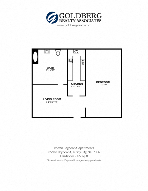 Floor plan for 1 bed, 1 bath, 322 sqft
