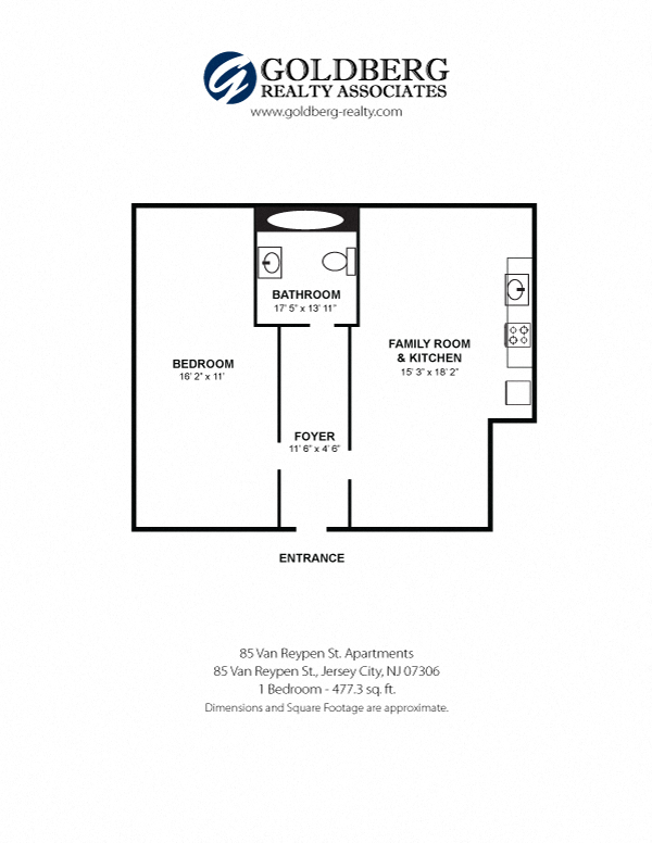 Floor plan for 1 bed, 1 bath, 530 sqft