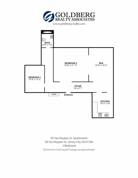 Floor plan for 2 beds, 1 bath, 723 sqft