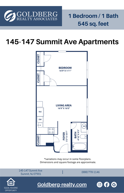 Floor plan for 1 bed, 1 bath, 545 sqft