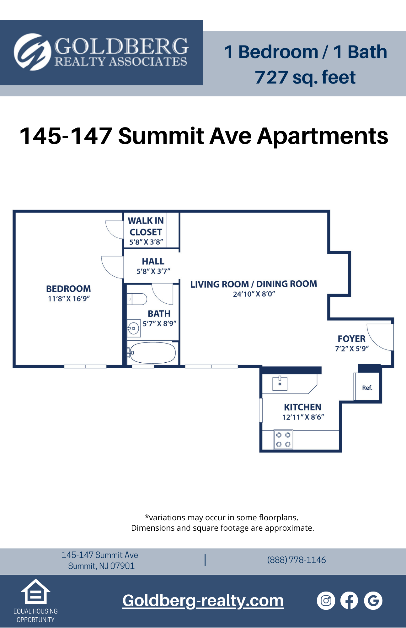 Floor plan for 1 bed, 1 bath, 727 sqft