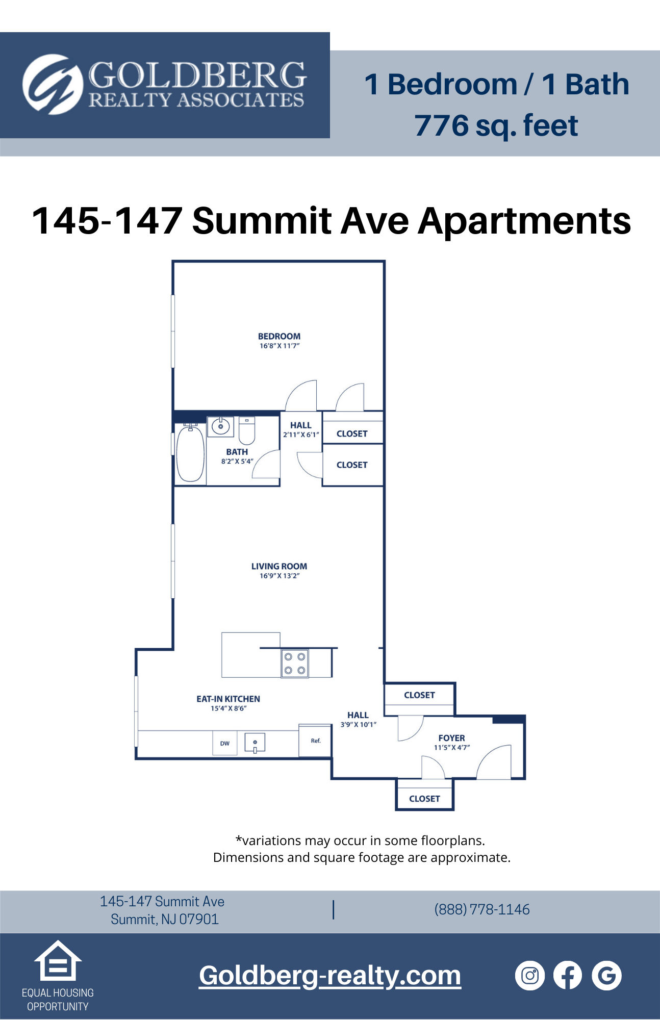 Floor plan for 1 bed, 1 bath, 776 sqft