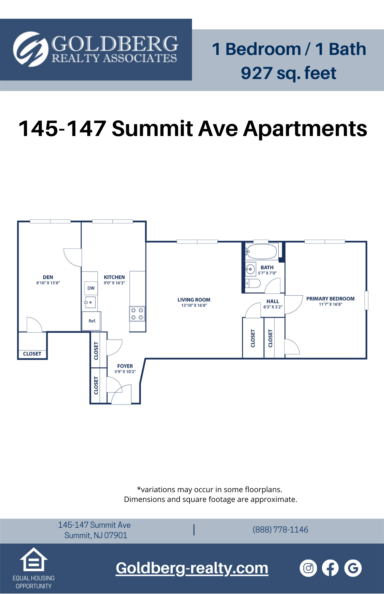 Floor plan for 1 bed, 1 bath, 927 sqft