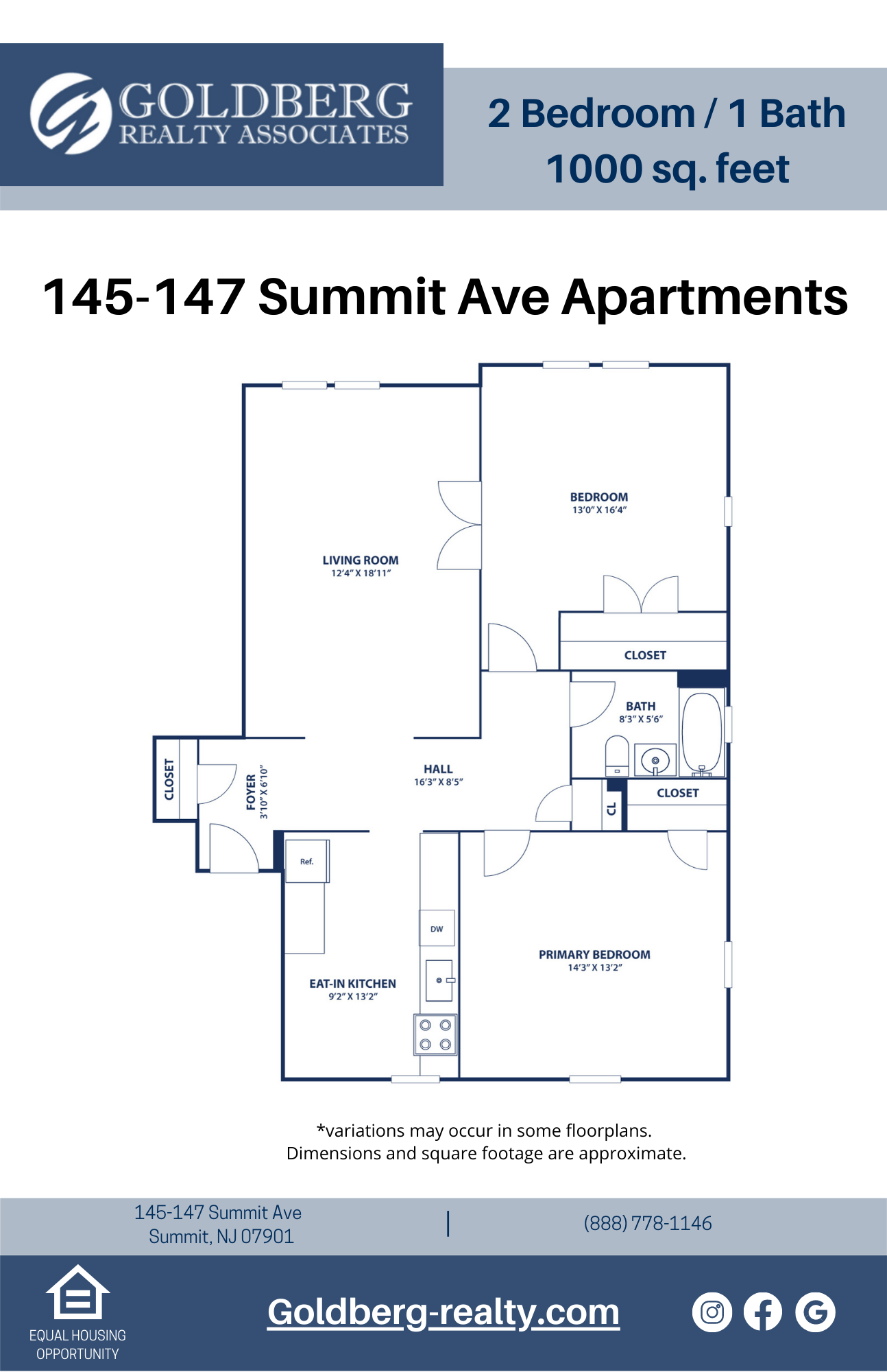 Floor plan for 2 beds, 1 bath, 1000 sqft