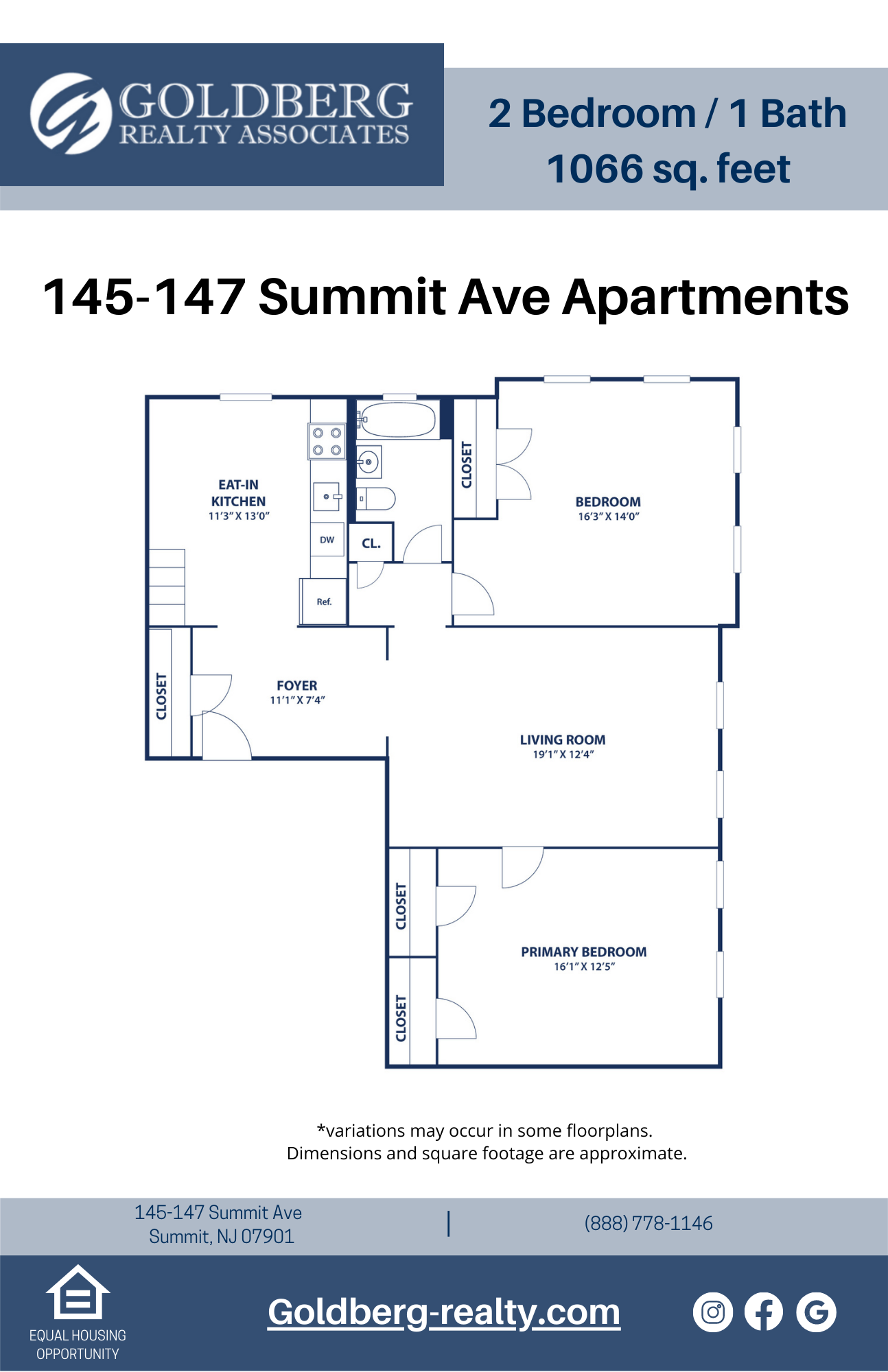 Floor plan for 2 beds, 1 bath, 1066 sqft