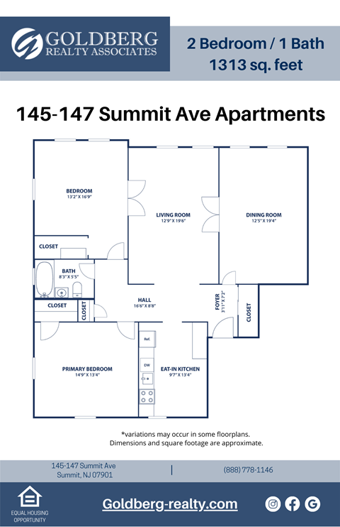 Floor plan for 2 beds, 1 bath, 1313 sqft