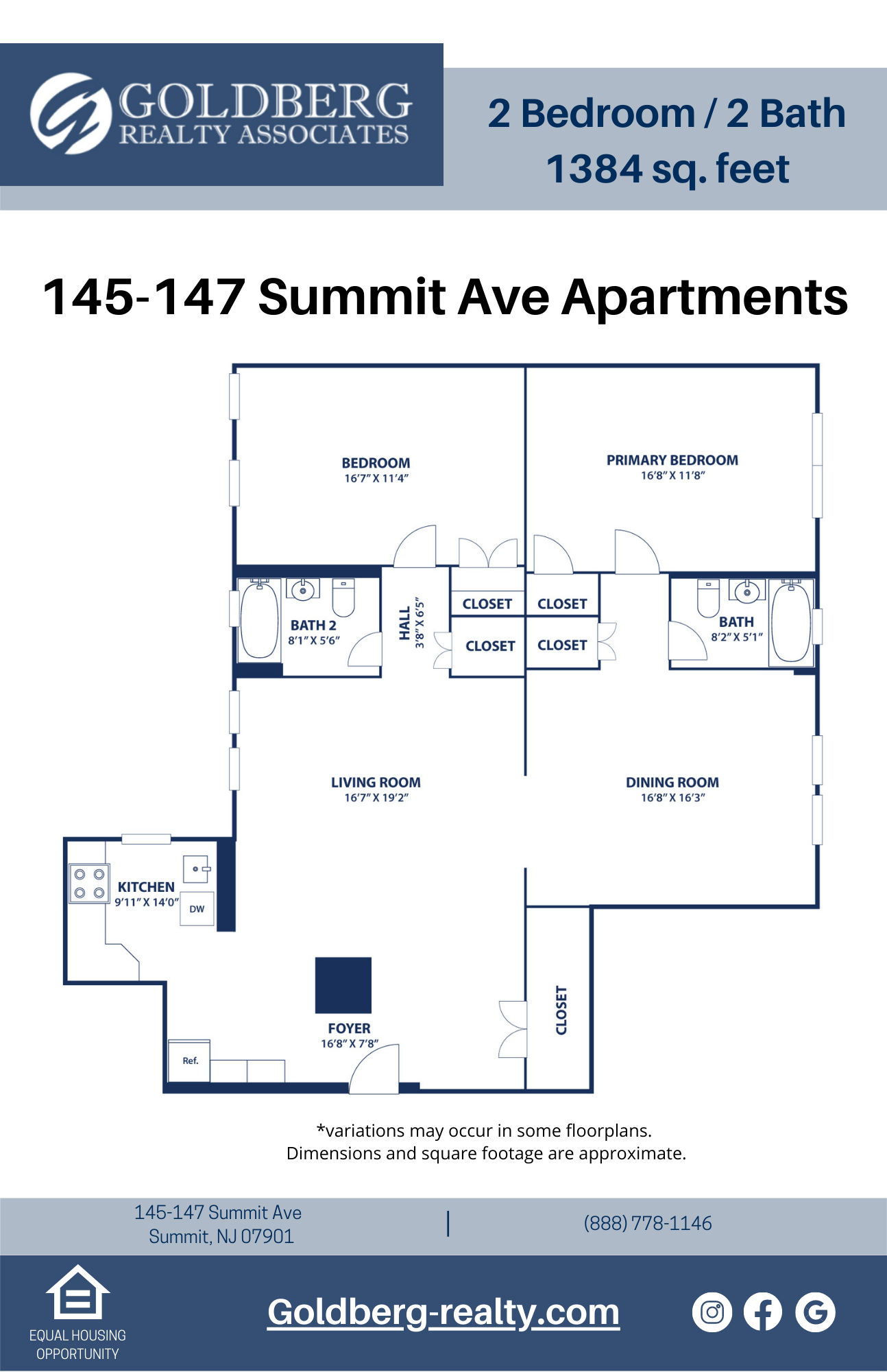 Floor plan for 2 beds, 2 baths, 1384 sqft