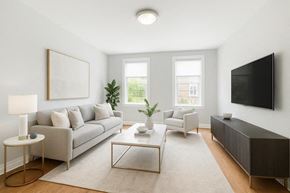 Bloomfield apartment for rent - A modern living room with a grey sofa, a coffee table, a side table, a television, and a potted plant.