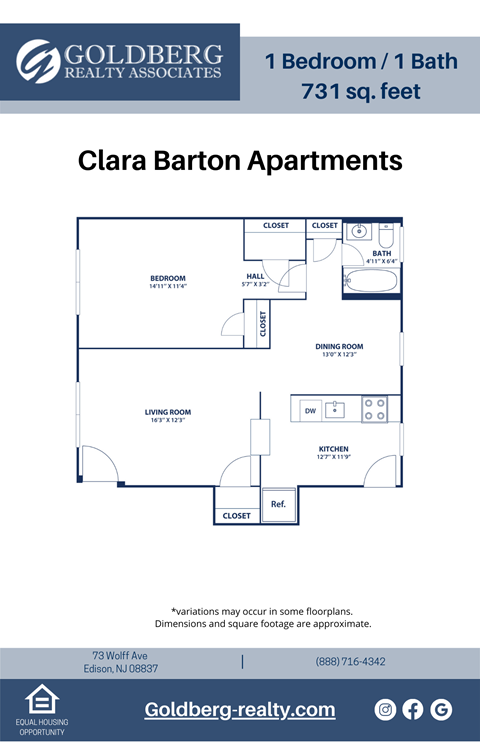 Floor plan for 1 bed, 1 bath, 731 sqft