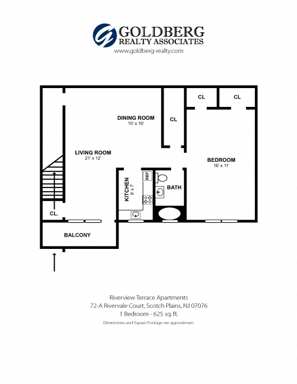 Floor plan for 1 bed, 1 bath, 625 sqft