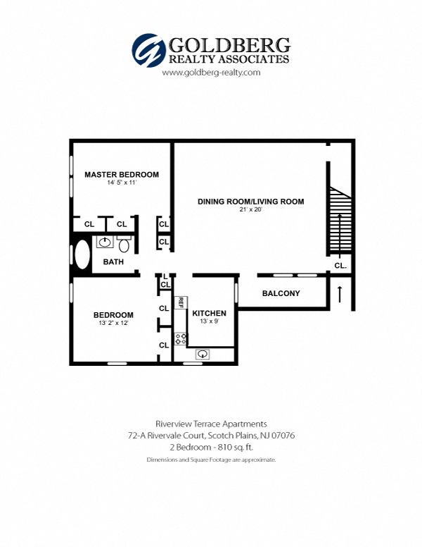 Floor plan for 2 beds, 1 bath, 810 sqft