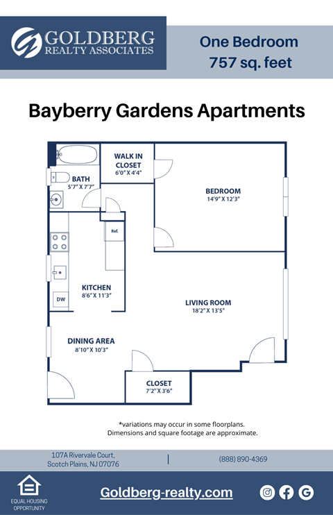 Floor plan for 1 bed, 1 bath, 757 sqft