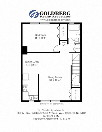 Floor plan for 1 bed, 1 bath, 775 sqft