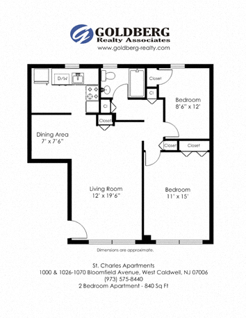 Floor plan for 2 beds, 1 bath, 840 sqft