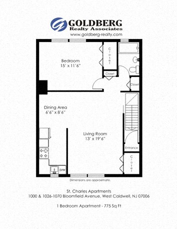 Floor plan for 1 bed, 1 bath, 775 sqft