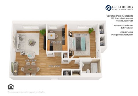 Floor plan for 1 bed, 1 bath, 735 sqft