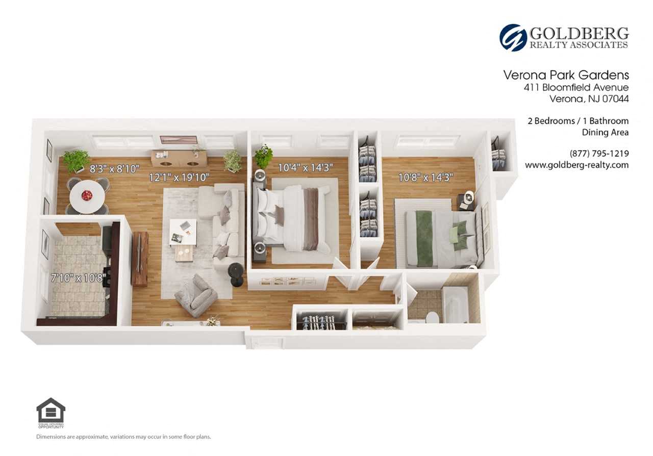 Floor plan for 2 beds, 1 bath, 990 sqft