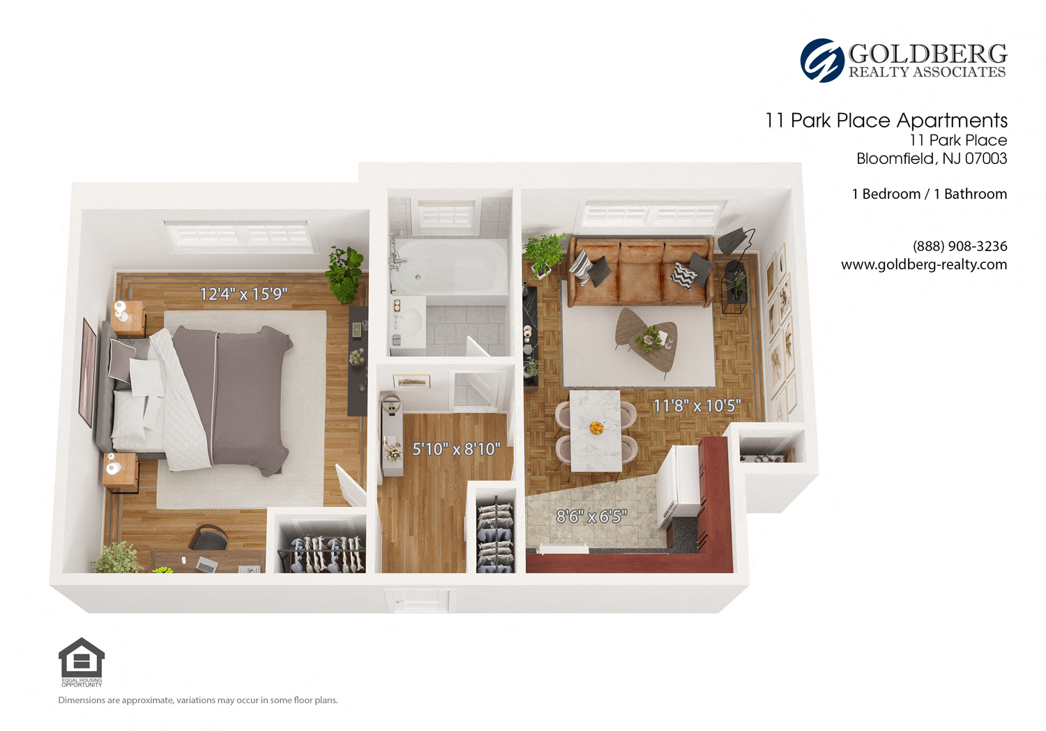 Floor plan for 1 bed, 1 bath, 540 sqft