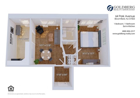 Floor plan for 1 bed, 1 bath, 631 sqft