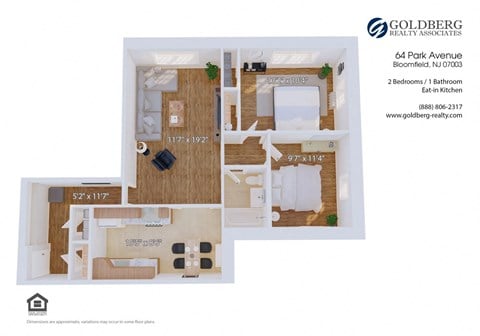 Floor plan for 2 beds, 1 bath, 926 sqft