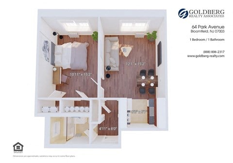 Floor plan for 1 bed, 1 bath, 564 sqft