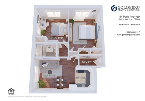 Floor plan for 2 beds, 1 bath, 775 sqft