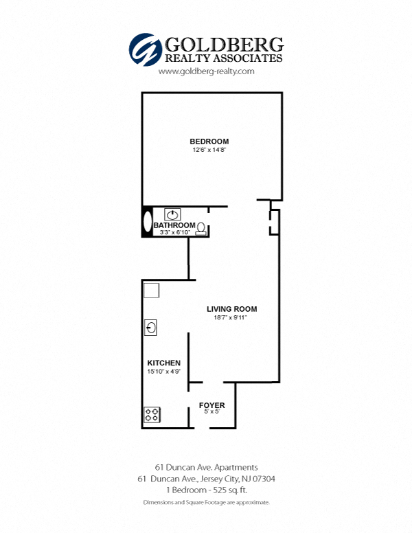 Floor plan for 1 bed, 1 bath, 525 sqft