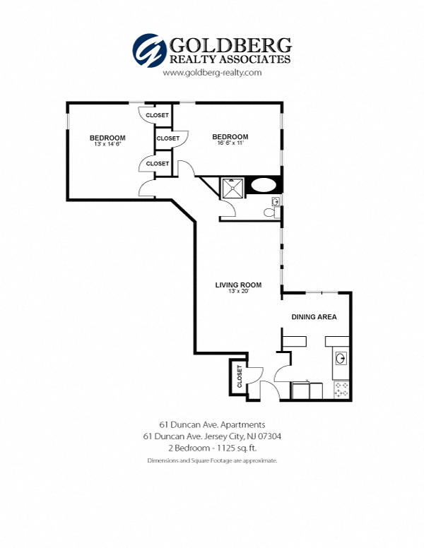 Floor plan for 2 beds, 1 bath, 1125 sqft