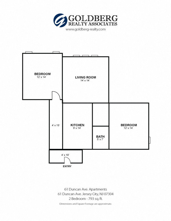 Floor plan for 2 beds, 1 bath, 793 sqft