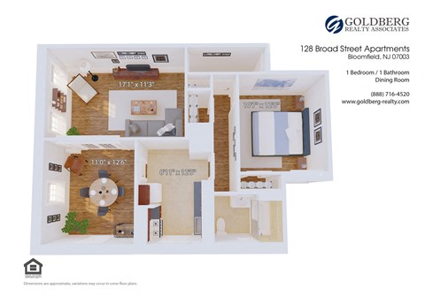 Floor plan for 1 bed, 1 bath, 839 sqft
