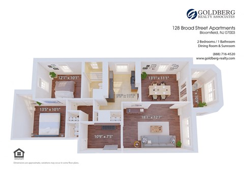 Floor plan for 2 beds, 1 bath, 1215 sqft