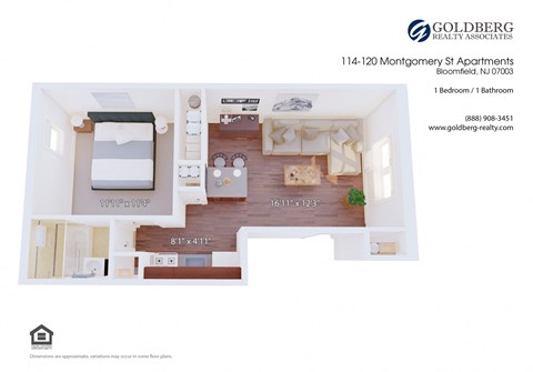 Floor plan for 1 bed, 1 bath, 517 sqft