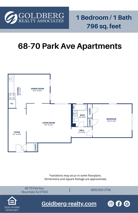 Floor plan for 1 bed, 1 bath, 796 sqft