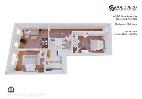 Floor plan for 2 beds, 1 bath, 1049 sqft